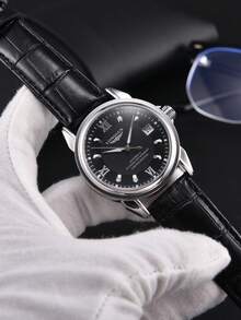 LONGLUX 1 Pc Men's Waterproof Single Calendar Automatic Mechanical Watch With Luminous Dial, Business Leather Band - Black - View 3