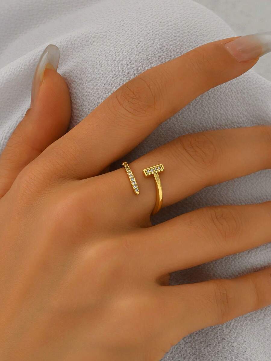 18K镀铜锆石指甲设计戒指，优雅可爱，适合派对和日常佩戴 - 金色 - 查看 1