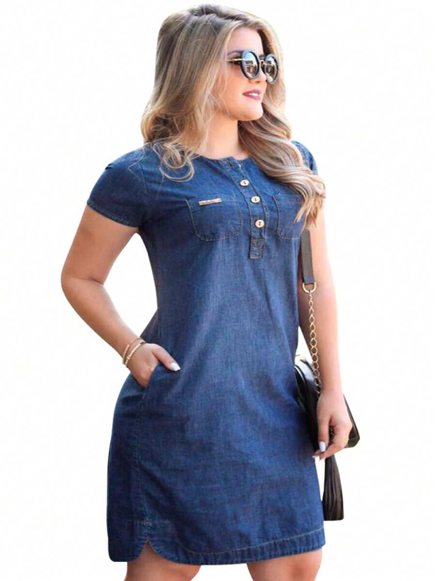 Discover The Perfect Denim Dress: Casual Style And Comfort In Every Detail! Simple Jeans Pocket Button Women's Clothing Jeans Beach - 藍色 - 查看 1