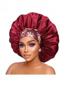 1 pieza Gorro de seda para dormir de mujer con ala ancha, banda elástica y estampado aleatorio, gorra suave de seda para cabello rizado