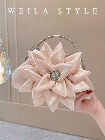 Women's Satin 3D Floral Handbag, Elegant Crystal Embellished Floral Evening Clutch Bag, Shoulder Bag For Wedding, Bridesmaid, Party, Cheongsam, Sweet Petal Purse, Fashion Box Bag, Formal Clutch, Luxury Wristlet, Small Purse