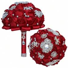 新娘婚礼奢华金叶蝴蝶珍珠花束，大型金钻缎带玫瑰婚礼花束，酒红色布艺永生花，布艺玫瑰人造花束情人节配饰 - 多款 - 查看 17