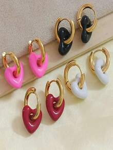 Pendientes clásicos retro desmontables con corazón para mujeres, colgante con forma de corazón simple y de moda de acero inoxidable que no se descolora, clips de oreja de color bloque, joyería de San Valentín, para mamá, madre, Día de la Madre, regalo - Multicolor - Ver 7