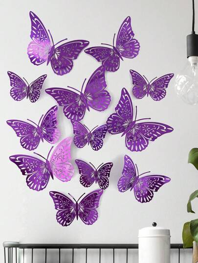 1 Set (12 Pcs) Purple Hollow Butterfly Stickers, 3D Butterfly Wall Decor, Cake Decoration, Wedding Decoration, Living Room Home Decor, Butterfly Stickers, Gender Reveal Party Decoration Room Decor Wall Stickers