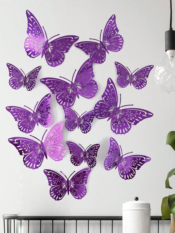 1 Set (12 Pcs) Purple Hollow Butterfly Stickers, 3D Butterfly Wall Decor, Cake Decoration, Wedding Decoration, Living Room Home Decor, Butterfly Stickers, Gender Reveal Party Decoration Room Decor Wall Stickers