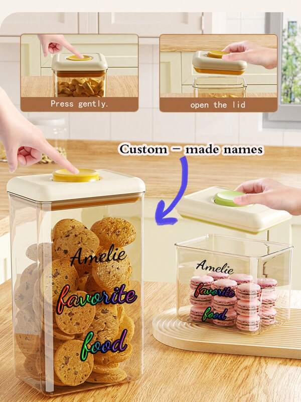 1pc Customizable Name Storage Jar, Rectangular PS Material Food Storage Container, Suitable For Grains, Fruits, Cookies, Kitchen, Personalized Gift For Mom, Available In 600/1100/1800/2600ml Capacities