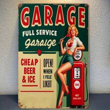 1pc Vintage Full Service Garage Metal Tin Sign, 8x12inch Retro Iron Wall Art With Pin-Up Style Woman & Gas Pump Design, Durable & Easy To Hang, Perfect For Home Bar, Cafe, Office Decor Or Gift, Metal Wall Art Decor, Perfect For Room Decor