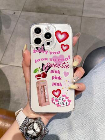 Cute Style Transparent TPU Phone Case, Shockproof, Portable, With Heart, Cherry, Butterfly, And Letter Elements Pattern, Compatible With IPhone 16 15 14 13 12 11 Pro Max And S23 S24 S25 Ultra