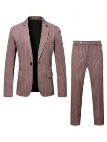 Men's Striped Business Casual Suit Set, Including Jacket And Pants - Burgundy - View 3