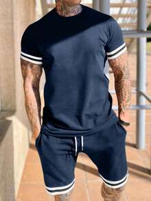 Summer 2-Piece Men's Navy Blue T-Shirt Set: Round Neck Striped Short Sleeve Tee + Striped Shorts, Loose Casual Sports Outfit, European And American Style Spring/Summer - Navy Blue - View 5