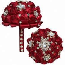 新娘婚礼奢华金叶蝴蝶珍珠花束，大型金钻缎带玫瑰婚礼花束，酒红色布艺永生花，布艺玫瑰人造花束情人节配饰 - 多款 - 查看 16