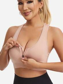 2pcs/Set Women Non-Wired Backless Hollow Grid Solid Color Front Zipper Sports Bra