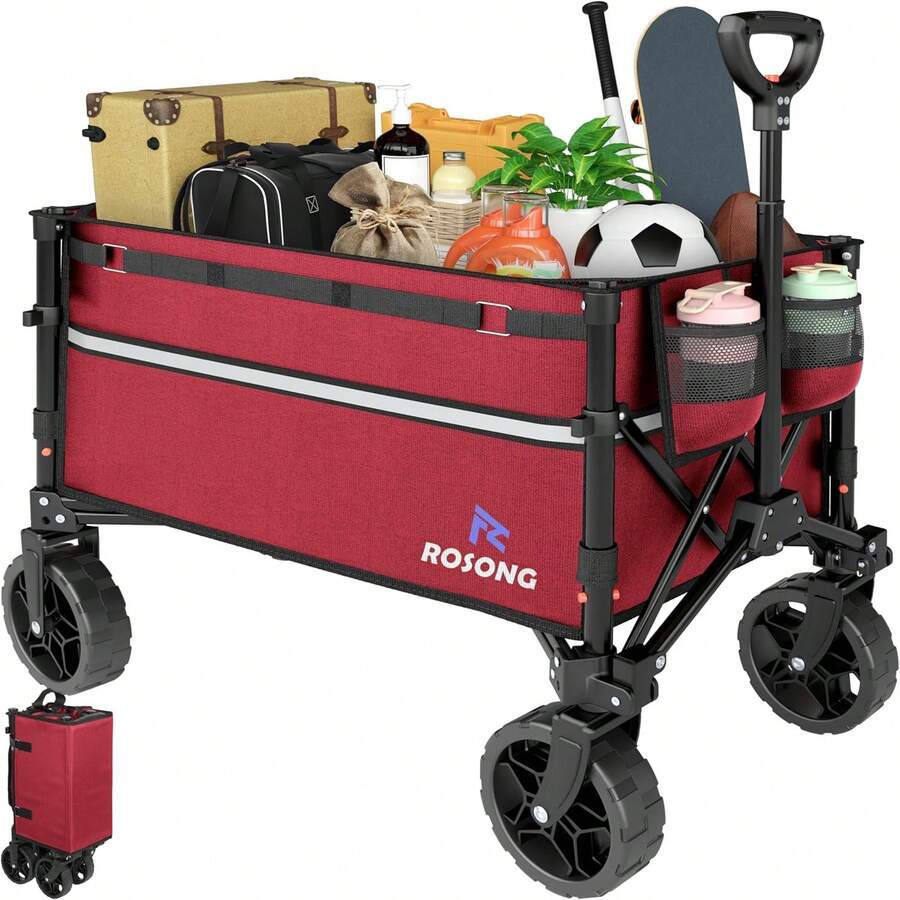 ROSONG Collapsible Wagon Cart With Wheels Foldable - Folding Utility Heavy Duty Wagons Carts For Grocery Sports Garden Shopping Camping - Burgundy - View 1