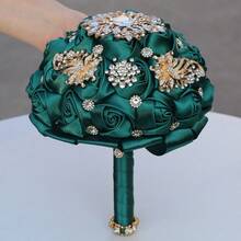 新娘婚礼奢华金叶蝴蝶珍珠花束，大型金钻缎带玫瑰婚礼花束，酒红色布艺永生花，布艺玫瑰人造花束情人节配饰 - 多款 - 查看 10