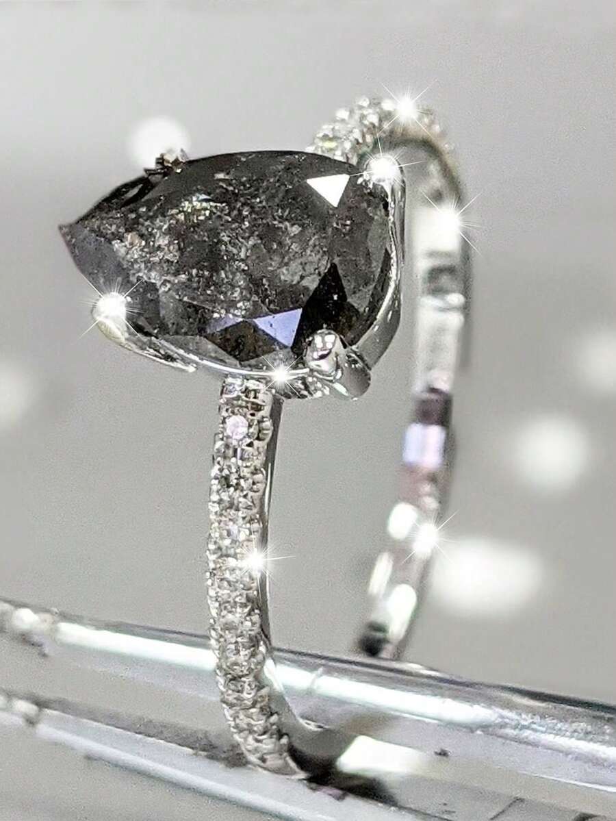 1 chiếc nhẫn nữ đính đá Cubic Zirconia lấp lánh thanh lịch, phụ kiện trang sức đính hôn, thích hợp làm quà tặng cho gia đình/bạn bè/người yêu - Xám - Xem 1
