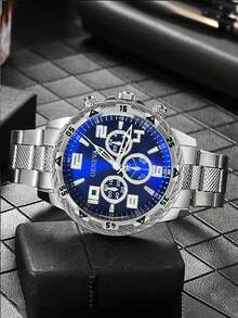 热门钢制商务腕表，大表盘，三重显示，蓝色玻璃，圆形表盘。青少年男孩的理想礼物 - 彩色 - 查看 8