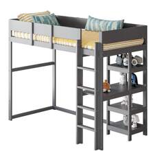 Sairedel Letto a soppalco con contenitore 90 x 200 cm, struttura letto in legno massello di pino con rete a doghe, letto per bambini e ragazzi grigio