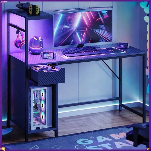 48" Computer LED Gaming PC Desk Adjustable Shelf Home Office Table With Storage Drawer, Black