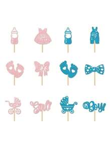 12/24 Stücke Geschlechts-Enthüllungs-Party Cupcake Topper Dekorationen, beinhaltet blaue & rosa Ratel, Schleife Picker