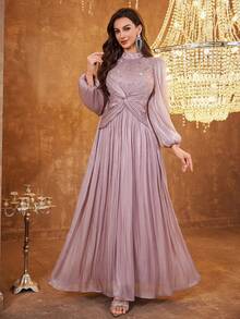 女士立领扭腰串珠亮片装饰优雅长灯笼袖连衣裙，适合婚礼、春季派对等场合 - 藕粉色 - 查看 2