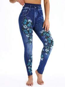 1条装玫瑰花图案女士高弹力紧身打底裤，蓝色仿牛仔破洞外观，柔软舒适，适合健身、跑步、户外、度假、约会、工作、派对、音乐节、秋冬季等场合，舒适保暖。 - 彩色 - 查看 5