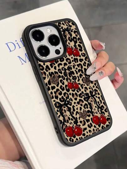 1pc Cute Vintage Leopard Cherry Heart Pattern Textured Soft Anti-Drop Anti-Skid Protective Phone Case, Compatible With Apple And Smartphones