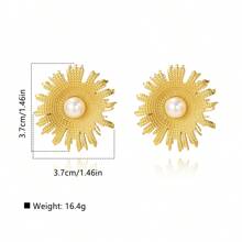 1 Pair Vintage Style Stainless Steel Sunflower Shaped Earrings With White Plastic Beads Decor, Suitable For Women's Party Wear Or Holiday Gift For Friends