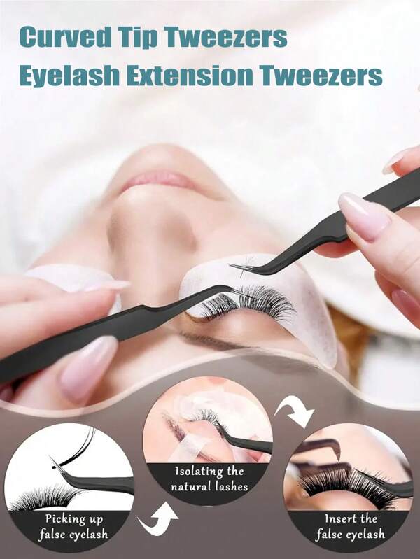 2 PCS Curved Tip Eyelash Extension Tweezers 15° Angled Lash Applicator Tools Professional False Eyelash Tweezers Stainless Steel Salon-Grade Precision Grip