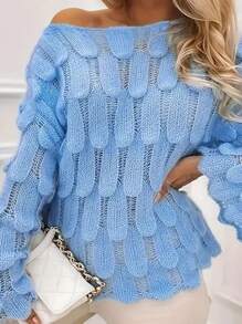 Spring & Autumn Plain Color Elegant Casual Minimalist Versatile Round Neck Hollow Out Loose Long Sleeve Knitted Sweater, Plus Size