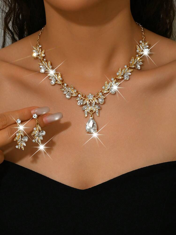 3 Peças Conjunto de Acessórios de Joias Cintilantes da Moda para Festa de Casamento, Vestidos Femininos com Decoração de Diamantes Rubi, Colar Gargantilha e Brincos (2 Brincos e 1 Colar) - conjunto de joias de strass - Visão 5