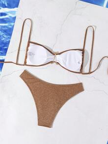 wohenmeili 2pcs Patterned Fabric Sexy Bikini Set For Women - Mocha Brown - View 6