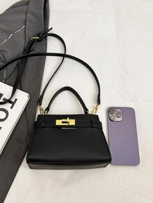 时尚高端荔枝纹女士手提包，简约可调节肩带装饰单肩/斜挎包，精致金属锁扣通勤单肩包，磁扣多功能轻便斜挎包，简约纯色手提包，耐用PU材质女士单肩包，适合送礼、购物、约会、商务旅行、度假，复古风格 - 黑色 - 查看 8