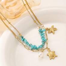 Fashion Creative Dual Layer Turtle & Starfish Blue Crystal Faux Pearl Stainless Steel Chain Necklace