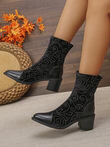 Damen Mitte Wade Stiefel & Knöchel Stiefel mit Glitzer Strass Muster, spitzer Zehenbereich, Klobiger Absatz, Elastisch, Outdoor, Sport, Mittleres Alter, Lässig, Süß, Elegant, Punk, Hochwertig, Neuer Chinesischer Stil, Lolita, Y2K, Streetwear, Nachtclub, Chinesische Hochzeit, Westliche Hochzeit, Material: Stoff, Strass, Outdoor, Zuhause, Party, Büro, Strand, Fitnessstudio, Sommer, Herbst