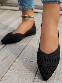 女士时尚尖头针织平底鞋，纯色休闲一脚蹬百搭乐福鞋