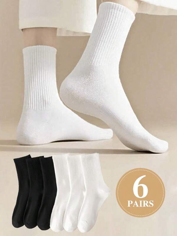 6 Pairs Of Black And White Solid Color Mid-Tube Sports Socks For Women, Suitable For Matching With Yoga Pants And Back To School