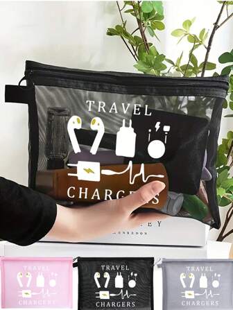 Mesh Fabric, Beach, Back To School, Tote Bag, Mesh Cosmetic Bag Printed With Cables And Earphone Graphic, Portable Storage Pouch, Holiday Beach Bag, Fashion Handbag, Travel Essential, Dorm Storage, Suitable As Bridesmaid, Mother's Day, Birthday, And Electronics Gifts Travel Essentials For Vacation Summer School Stuff Bag For School Travel Bag For Women Makeup Bag For Travel