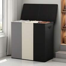 1pc Extra Large 3-Compartment Dirty Clothes Laundry Hamper, Luxury 3-Bin Rectangular Washing Basket, 180L/47.55Gal Sorting Organizer With 3 Removable Bags, Foldable Storage Container With Lid And Dual Handles, Thick Fabric - Ideal For Bedroom, Bathroom, Living Room, Dorm, Clothes, Toys - Black and White - View 4