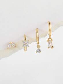 Set de 4 piezas de pendientes para mujer, de estilo sencillo y por capas, con flor de circonita cúbica de cobre y pendientes de aro rectangulares redondeados, accesorio de uso diario para regalo