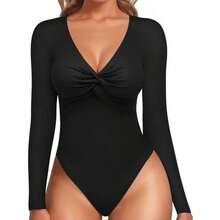 Wrap Bodysuit With Front Detail, Deep Neckline, Long Sleeves - Black - View 4