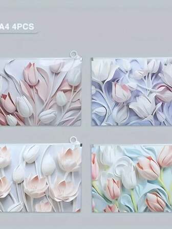 4/8PCSmulti-Functional A4 File Bag With A Tulip-Patterned Zipper Design, Transparent Waterproof File Bag, Morandi Color, Is Very Suitable For School, Classroom Organization And Office Material Storage.,Back To School,School Supplies
