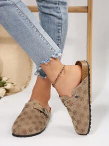 New Thick Sole Round Toe Printed Fabric Mule Shoes For Women, Outdoor Khaki Slip-On Sandals, All Season