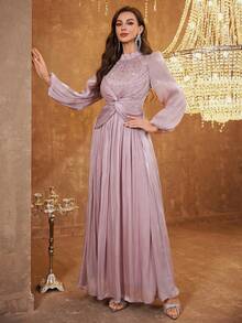 女士立领扭腰串珠亮片装饰优雅长灯笼袖连衣裙，适合婚礼、春季派对等场合 - 藕粉色 - 查看 5