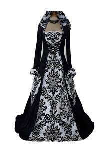 Bestseller mode femme européenne et américaine pour dîner, robe ample à capuche médiévale, cravate imprimée rétro artistique à manches longues, taille cintrée pour Halloween