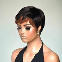 Peruka Pixie Cut do włosów ludzkich 1B/30 Krótkie peruki z grzywką, czarne z brązowymi włosami, peruka Pixie Cut dla kobiet, peruka do wymiany włosów, brak koronki z przodu, peruka warstwowa, kolorowa, pełna peruka wykonana maszynowo, peruki krótkie bez kleju dla kobiet, kostiumy na Halloween, do codziennego użytku