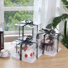 10pcs Transparent Square Cake Boxes, 4/6/8 Inch Dessert Packaging Boxes With Ribbons, Suitable For Birthday Cake Gifts, Wedding Party Sweets Baking Packaging