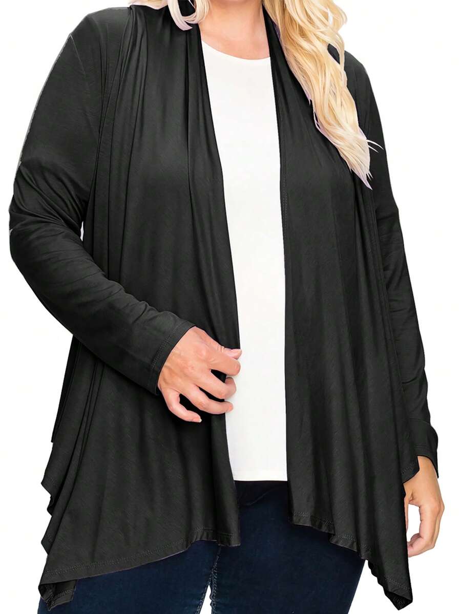 Plus Size Casual Long Sleeve Drape Open Front Cardigan Lightweight Comfortable Layer  Plain    Casual  Boho    Asymmetrical - 黑色 - 查看 1