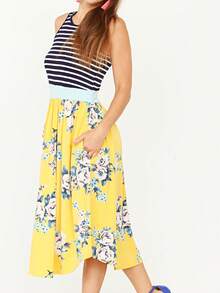 Boho Vintage Magenta Ivory Coral Pink Yellow Stripe  Band Trim Midi  Swing Southern Dress | Small-3 XL Plus - 芥末黃 - 查看 5