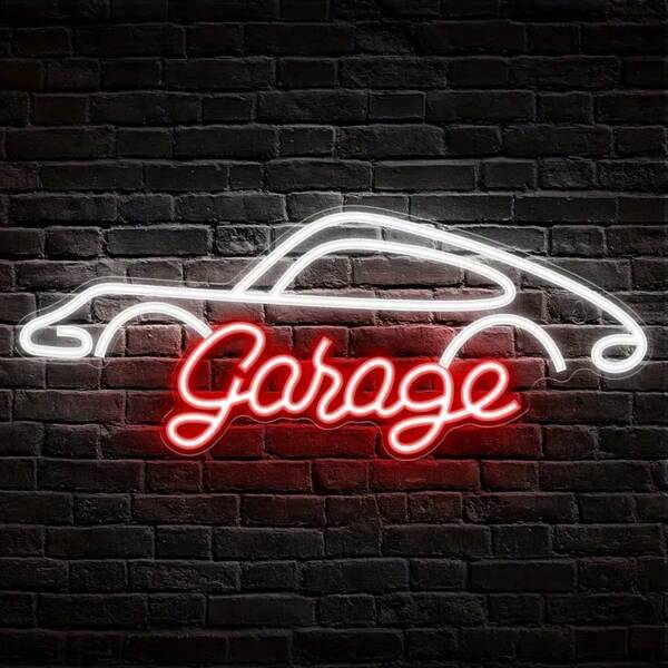 1 Stück LED Garagenschild, Neonlicht, per USB betrieben, wandmontierbar, mit Schalter, aus Kunststoff, Batterien nicht enthalten, geeignet für Garagendekoration, Autoliebhaber, Geschenk zum Vatertag