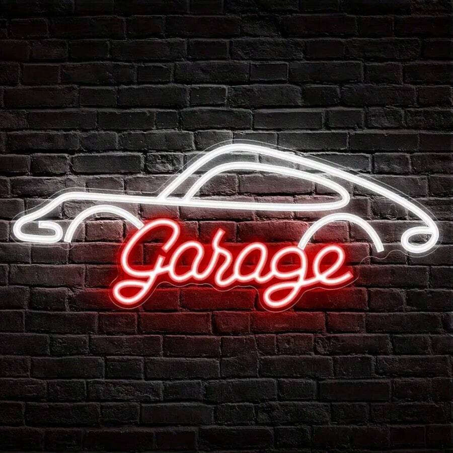 1 Stück LED Garagenschild, Neonlicht, per USB betrieben, wandmontierbar, mit Schalter, aus Kunststoff, Batterien nicht enthalten, geeignet für Garagendekoration, Autoliebhaber, Geschenk zum Vatertag